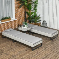 Outsunny 3-piece PE Rattan Sun Lounger Set with Adjustable 5-Position Recliner, Patio Chaise Lounge Chair Set with Cushions, Headrests, Glass Top Square Coffee Table, Light Grey(m-8)