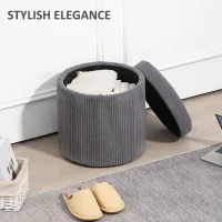 HOMCOM 40cm Round Storage Ottoman, Corduroy Footstool with Removable Lid and Legs, Vanity Stool for Living Room, Bedroom, Grey(m-4)