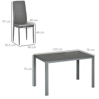 HOMCOM 5-Piece Kitchen Dining Table Set with 4 Faux Leather Metal Frame Chairs Glass Tabletop Desk for Dining Room, Kitchen, Dinette, Grey(m-3)