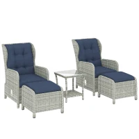 Outsunny 5 Piece Garden Furniture Set, Rattan Reclining Garden Chair Set of 2 with Footstool and Cushion for Balcony, Dark Blue(m-1)