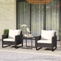 Outsunny 3 Pieces Rattan Bistro Set with 4 Cushions, Wicker Garden Furniture Set, Glass Top Coffee Table and Chairs for Outdoor Patio, Balcony, Terrace and Conservatory, Brown(m-2)