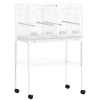 PawHut Bird Cage with Divider, 4 Wooden Perches, Slide Out Tray, 4 Feeders, for Budgie, Lovebird, Canary, 76 x 46 x 116cm White(m-1)