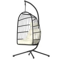 Outsunny Hanging Egg Chair, Indoor Outdoor Hammock Swing Chair with Stand, Safety Strap, Foldable Basket, Black/Cream White(m-11)
