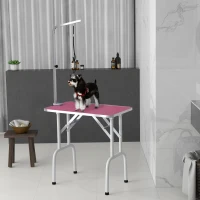 PawHut 32" Foldable Dog Grooming Table Pet Drying Beauty Table Adjustable Fixed Arm Rubber Top, Pink(m-2)