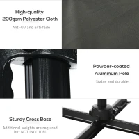 Outsunny 2.5 x 2.5m Patio Offset Parasol Umbrella Cantilever Hanging Aluminium Sun Shade Canopy Shelter 360° Rotation with Crank Handle and Cross Base, Grey(m-7)