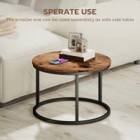 HOMCOM Coffee Table Set of 2, Round Nest of Tables with Metal Frame, Modern Side Tables for Living Room, Rustic Brown(m-5)