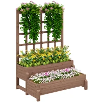Outsunny 2-Tier Raised Garden Bed with Trellis, Wooden Elevated Planter Box with Drainage Holes, Outdoor Raised Planter for Climbing Plants, Fruits, Vegetables, Flowers, Brown(m-10)