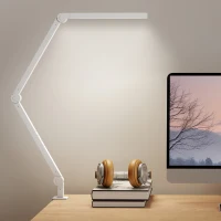 HOMCOM LED Desk Lamp, Dimmable Desk Light with Swing Arm and Clamp, Adjustable Eye-Caring Table Lamp with 2 Colour Modes & 5 Brightness Levels for Study, Drawing, Office, Architect, Task, White(m-10)