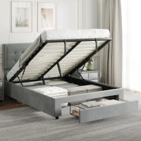 HOMCOM Double Size Ottoman Bed Frame, with Front Drawer - Grey(m-2)