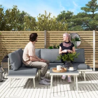 Outsunny 3 Piece Garden Furniture Set with 5-Level Adjustable Lounger, L Shaped Garden Corner Sofa with Cushions, Mesh Seat, Slatted Wood-Grain Table, Outdoor Furniture Set for Conservatory, Grey(m-2)