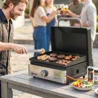 Outsunny Grill Griddle, Portable Gas Plancha, 3.5 kW, Tabletop Gas BBQ with Grease Cup for Camping Picnic Patios, Black(m-2)