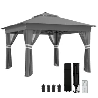 Outsunny 3.36 x 3.36m Pop Up Gazebo Party Tent with Solar-Powered LED Lights, Adjustable Event Shelter with Netting, Grey(m-10)