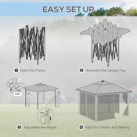 Outsunny 3.36 x 3.36m Pop Up Gazebo Party Tent with Solar-Powered LED Lights, Adjustable Event Shelter with Netting, Grey(m-6)