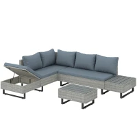 Outsunny 5 Seater Rattan Garden Furniture Set, L Shaped Garden Corner Sofa, Adjustable Back, Faux Wood Tables, Grey(m-1)