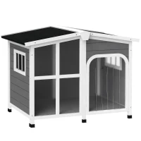 PawHut Wooden Dog Kennel with Removable Floor, Asphalt and Openable Roof, Giant Window for Large Dogs, Charcoal Grey(m-10)