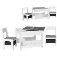 HOMCOM Three-Piece Kids Table and Chair Set with Blackboard, Storage, Bookshelves - Grey(m-1)