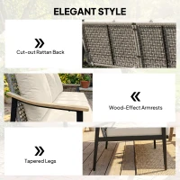 Outsunny 3 Seater Rattan Sofa, Outdoor Garden Sofa with Wood-Effect Armrests, Cushions for Patio, Balcony, Khaki(m-5)
