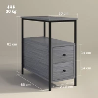 HOMCOM Side Table, Narrow Bedside Table with 2 Drawers and Storage Shelf, Industrial End Table with Metal Frame for Small Spaces, Grey Wood Grain(m-3)