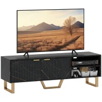 HOMCOM Marble Effect TV Unit, TV Stand Cabinet for up to 70" TVs, Modern TV Cabinet with Shelves and Storage Cupboard, Fluted Door, Extra Centre Leg, Cable Management for Living Room, Black(m-10)