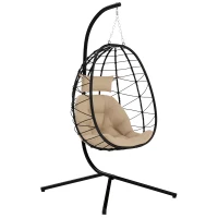 Outsunny Hanging Egg Chair Outdoor Indoor Garden Swing Chair with Folding Basket, Thickened Cushion, Garden Hanging Chair with Stand, Headrest for Patio, Balcony, Khaki(m-1)
