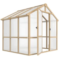 Outsunny 6.6 x 6ft Polycarbonate Greenhouse, Walk-in Wooden Greenhouse with Lockable Door and Window, Garden Plants Grow House, Brown(m-10)