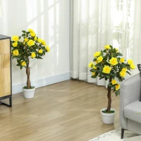 Outsunny Set of 2 Artificial Plants White Rose Floral in Pot, Fake Plants for Home Indoor Decor, 90cm, Yellow(m-2)