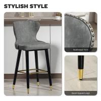 HOMCOM Bar Stools Set of 2, PU Leather Barstools with Back, Footrest and Wood Legs for Kitchen, Counter, Breakfast Bar, Grey(m-4)