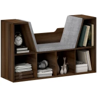 HOMCOM Bookcase Storage Shelf with Cushioned Reading Seat, Cube Bookshelf Organizer for Bedroom Living Room, Chestnut(m-10)