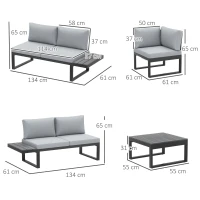 Outsunny 4 Pieces Garden Furniture Set, 5-Level Reclining Garden Corner Sofa Set, Outdoor Lounge Conversation Sectional with Cushions, Wood Effect Plastic Table, Black Frame & Light Grey Cushion(m-3)