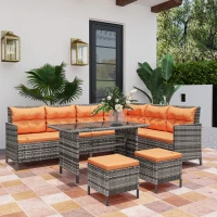 Outsunny 7-Seater Patio wicker Sofa Set Rattan Chair Furniture w/ Glass & Cushioned, Orange(m-7)