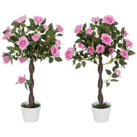 Outsunny Set of 2 Artificial Plants White Rose Floral in Pot, Fake Plants for Home Indoor Decor, 90cm, Purple(m-10)