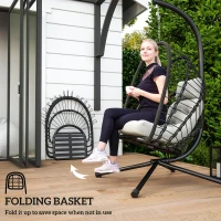 Outsunny Outdoor PE Rattan Swing Chair with Foldable Basket and Cushion, Garden Patio Hanging Egg Chair with Metal Stand, Headrest for Indoor and Outdoor, Black(m-5)