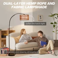 HOMCOM Rattan Floor Lamp for Living Room, Farmhouse Arc Standing Lamp with Dual-Layer Shade & Foot Switch, Height Adjustable Minimalist Tall Pole Lampshade for Bedroom, Office, Black(m-4)