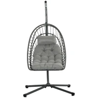 Outsunny Outdoor PE Rattan Swing Chair with Foldable Basket and Cushion, Garden Patio Hanging Egg Chair with Metal Stand, Headrest for Indoor and Outdoor, Light Grey(m-11)
