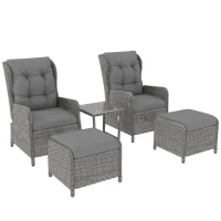 Outsunny 5 Pieces Rattan Bistro Set with Adjustable Back, Reclining Wicker Balcony Furniture with Cushions, Glass Top Coffee Table and Footstools, Outdoor Table and Chairs, Light Grey(m-10)