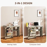HOMCOM Folding Sewing Table, Drop Leaf Craft Table with Storage Bins, Open Shelf and Wheels, Rolling Sewing Machine Cabinet Computer Desk for Small Space, Grey(m-6)