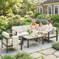 Outsunny 3 Pieces Garden Furniture Set with L-Shaped Sofa, Armchair and Coffee Table, Aluminium Garden Corner Sofa Set(m-2)