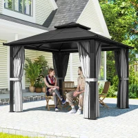 Outsunny 3 x 3(m) Hardtop Gazebo Canopy with UPF30+ Double Polycarbonate Roof, Aluminium Frame Garden Gazebo Permanent Pavilion with Mosquito Netting and Curtains for Patio, Deck, Grey(m-2)