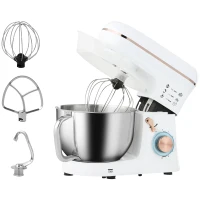HOMCOM Stand Mixer, 5L Food Mixer for Baking, 6 Speeds and Pulse Setting, 1400W Cake Electric Kitchen Mixer with Dough Hook, Whisk, Stainless Steel Bowl, Splash Guard, Beater, White(m-1)