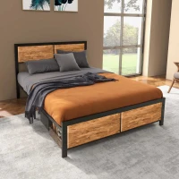 HOMCOM Industrial Double Bed Frame, 5FT Steel Bed Base with Headboard, Footboard, Slatted Support and Under Bed Storage, 142 x 195cm, Rustic Brown(m-2)