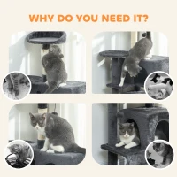 PawHut 140cm Large Cat Tree Tower with Sisal Scratching Posts, Cat Houses, Plush Perches, Hammock, Ladder, Dark Grey(m-8)