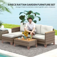 Outsunny 3 Pieces Rattan Garden Furniture Set, L Shaped Garden Conversation Chaise Lounge Furniture with Wood Top Coffee Table and Thick Cushions, Cream(m-4)
