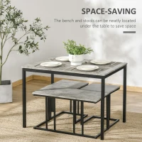 HOMCOM Dining Table and Chairs Set for 4 People, Concrete Effect Kitchen Table and Bench Set with Steel Frame, 4 Piece Dining Room Sets, Grey(m-5)