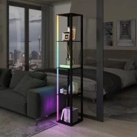 HOMCOM RGB LED Floor Lamp with Shelves, Modern Dimmable Standing Lamp with Remote Control, Adjustable Brightness & Speed for Living Room, Bedroom, Office, Black(m-9)