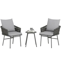 Outsunny 3-Piece Rattan Bistro Set, Garden Table and Chairs with 4 Cushions, Patio Rattan Conversation Furniture Set for Balcony, Porch, Terrace, Grey(m-10)