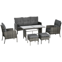 Outsunny 7 Seater Rattan Garden Furniture Set, 6 Piece Patio Dining Set, Armchairs, 3-Seater Sofa, Footstools, Glass Dining Table, Cushions, Wicker Outdoor Furniture for Conservatory Patio Mixed Grey