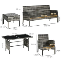 Outsunny 7 Seater Rattan Garden Furniture Set, 6 Piece Patio Dining Set, Armchairs, 3-Seater Sofa, Footstools, Glass Dining Table, Cushions, Wicker Outdoor Furniture for Conservatory Patio Mixed Grey(m-3)