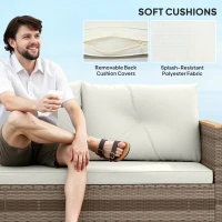 Outsunny 3 Pieces Rattan Garden Furniture Set, L Shaped Garden Conversation Chaise Lounge Furniture with Wood Top Coffee Table and Thick Cushions, Cream(m-5)