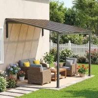 Outsunny 3.4 x 3 m Metal Lean-to Pergola, Wall-Mounted Garden Pergola with Polycarbonate Roof and Metal-Aluminium Frame, Heavy Duty Hardtop Gazebo for Outdoor Patios, BBQ, Brown(m-8)