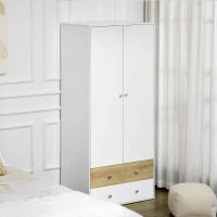 HOMCOM 2-Door Wardrobe with 2 Drawers, Hanging Rod and Anti-tipping Straps for Bedroom Clothes Storage Organisation, White(m-2)